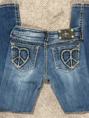 Vintage Y2K Miss Me Peace Sign Jeans Bootcut Low Rise Bling 2000s Size 28